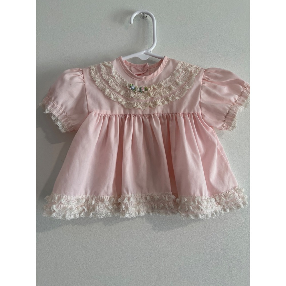 Unbranded Vintage Style Lace Trim Baby Top 6-9M Pink Floral Embroidery Bow girl